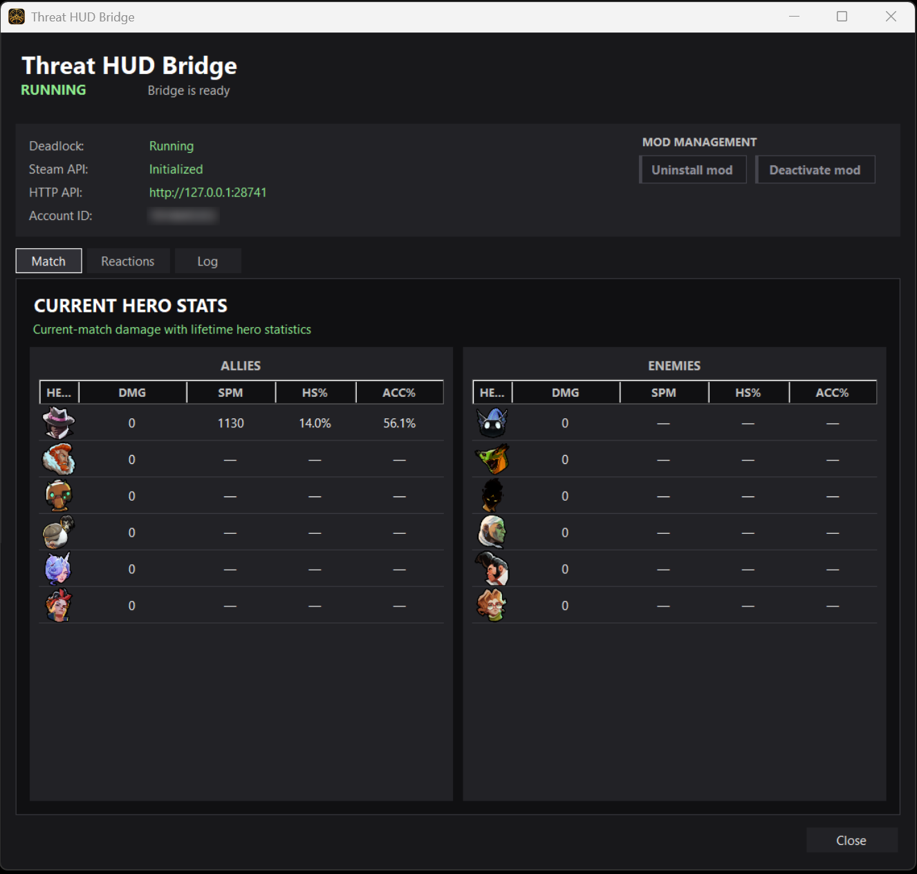 Threat HUD Bridge showing its running status, mod management controls and current hero statistics for both teams