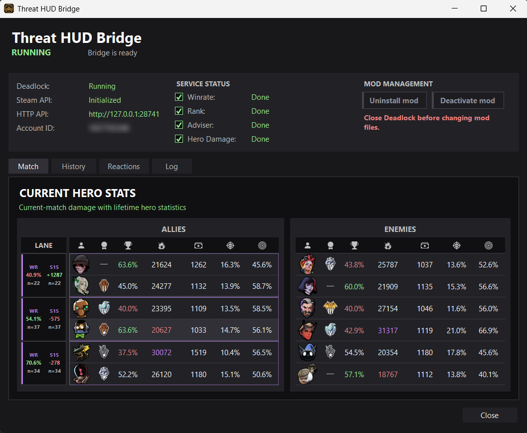 Threat HUD Bridge main window showing service status, mod management, module status controls and current hero statistics with lane WR and S15 columns